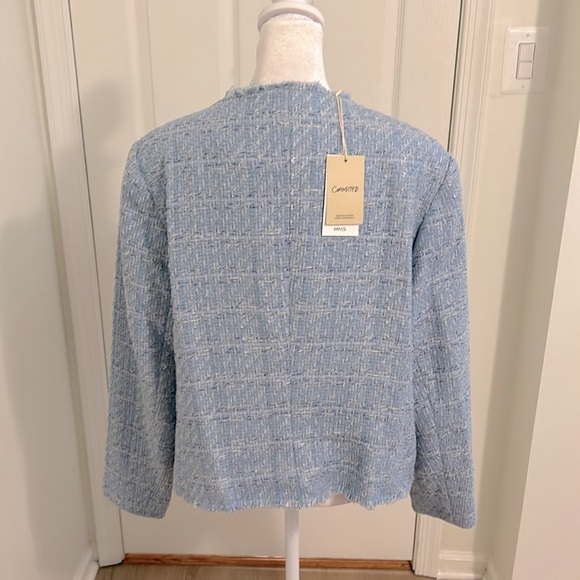 Mango Blogger Favorite Pocket Tweed Jacket Light Blue Pearl Buttons NWT Size XL - Picture 10 of 12
